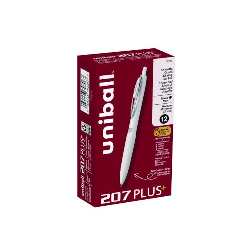 207 Plus+ Gel Pen, Retractable, Medium 0.7 mm, Black Ink, White Barrel, Dozen. Picture 1