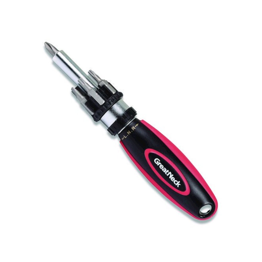 Ratcheting Screw/Nut Driver Set, Phillips/Slotted/Star Bits, 7" Long, Black/Red. Picture 1
