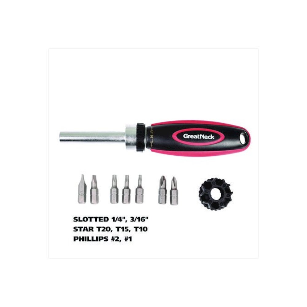 Ratcheting Screw/Nut Driver Set, Phillips/Slotted/Star Bits, 7" Long, Black/Red. Picture 4