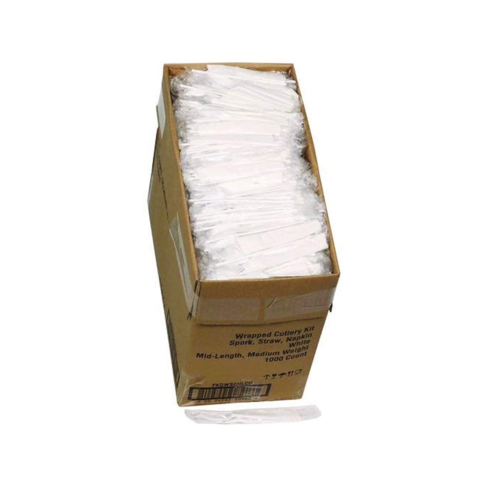 Fieldware Cutlery Kit, Mediumweight, Napkin/Spork/Straw, Plastic, White, 1,000/Carton. Picture 1