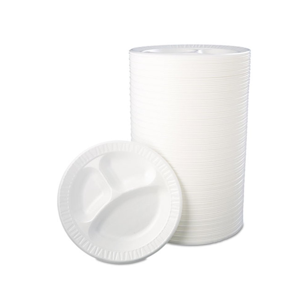Quiet Class Laminated Foam Dinnerware, 3-Compartment Plate, 10.25" dia, White, 125/Pack, 4 Packs/Carton. Picture 2