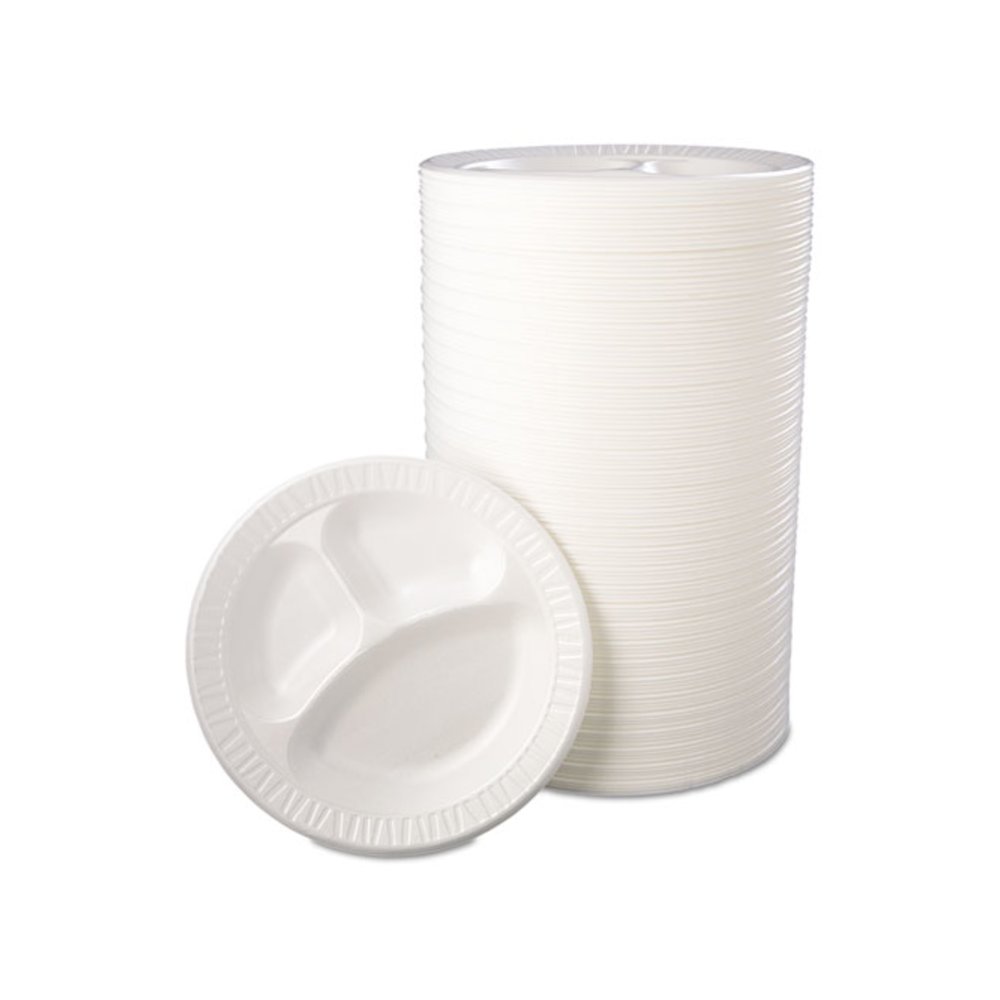 Quiet Class Laminated Foam Dinnerware, 3-Compartment Plate, 10.25" dia, White, 125/Pack, 4 Packs/Carton. Picture 6