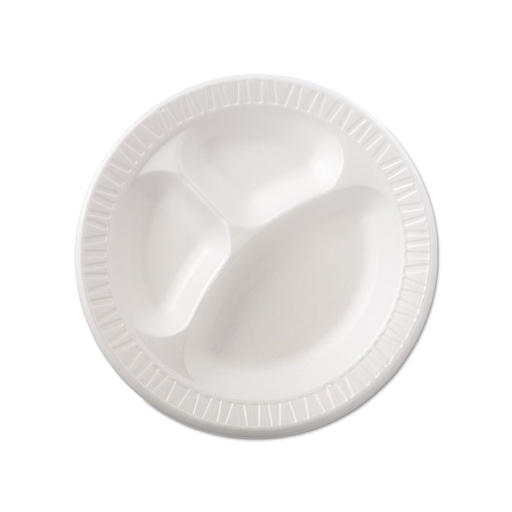 Quiet Class Laminated Foam Dinnerware, 3-Compartment Plate, 10.25" dia, White, 125/Pack, 4 Packs/Carton. Picture 5