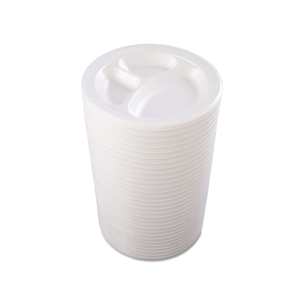 Quiet Class Laminated Foam Dinnerware, 3-Compartment Plate, 10.25" dia, White, 125/Pack, 4 Packs/Carton. Picture 3
