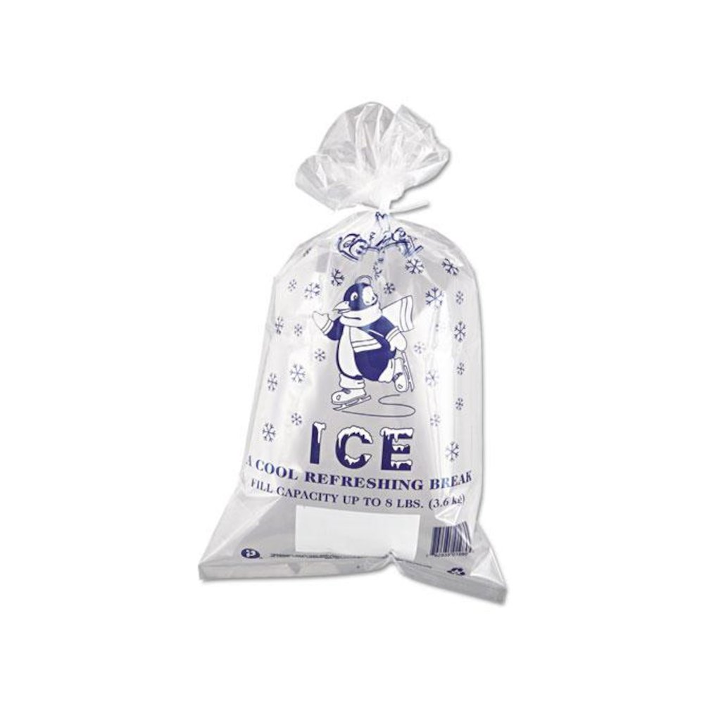 Ice Bags with Twist-Ties, Ice: Penguin Icon Labeling, 8 lb Capacity, 11" x 20", Clear, 1,000/Carton. Picture 1