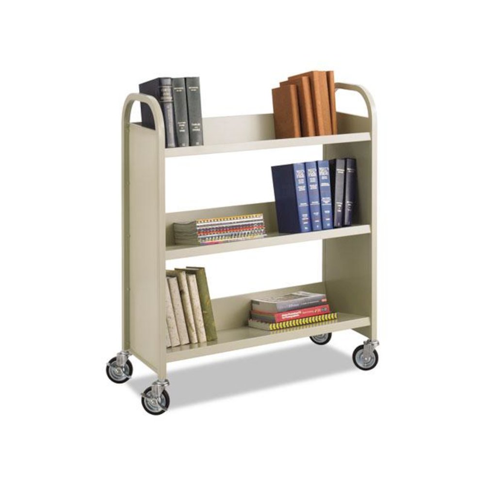 Steel Single-Sided Book Cart, Metal, 3 Shelves, 300 lb Capacity, 36" x 14.5" x 43.5", Sand. Picture 1