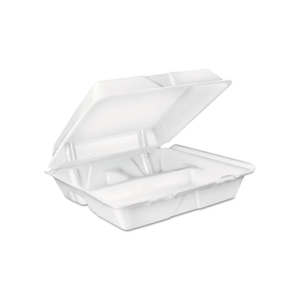 Foam Hinged Lid Container, 3 Compartments, 8 oz, 9 x 9.4 x 3, White, 100/Sleeve, 2 Sleeves/Carton. Picture 1