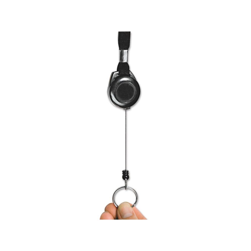 Lanyards with Retractable ID Reels, Metal Split Ring Fastener, 34" Long, Black, 12/Pack. Picture 3