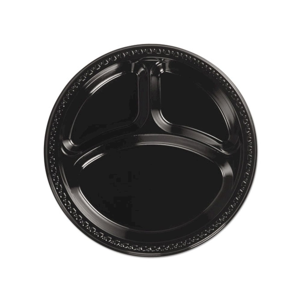 Heavyweight Plastic 3 Compartment Plates, 10 1/4" Dia, Black, 125/PK, 4 Packs/CT. Picture 1