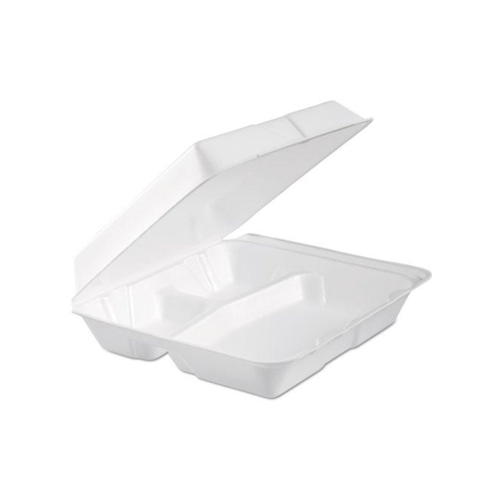 Foam Hinged Lid Container, 3 Compartments, 9.3 x 9.5 x 3, White, 100/Bag, 2 Bag/Carton. Picture 1