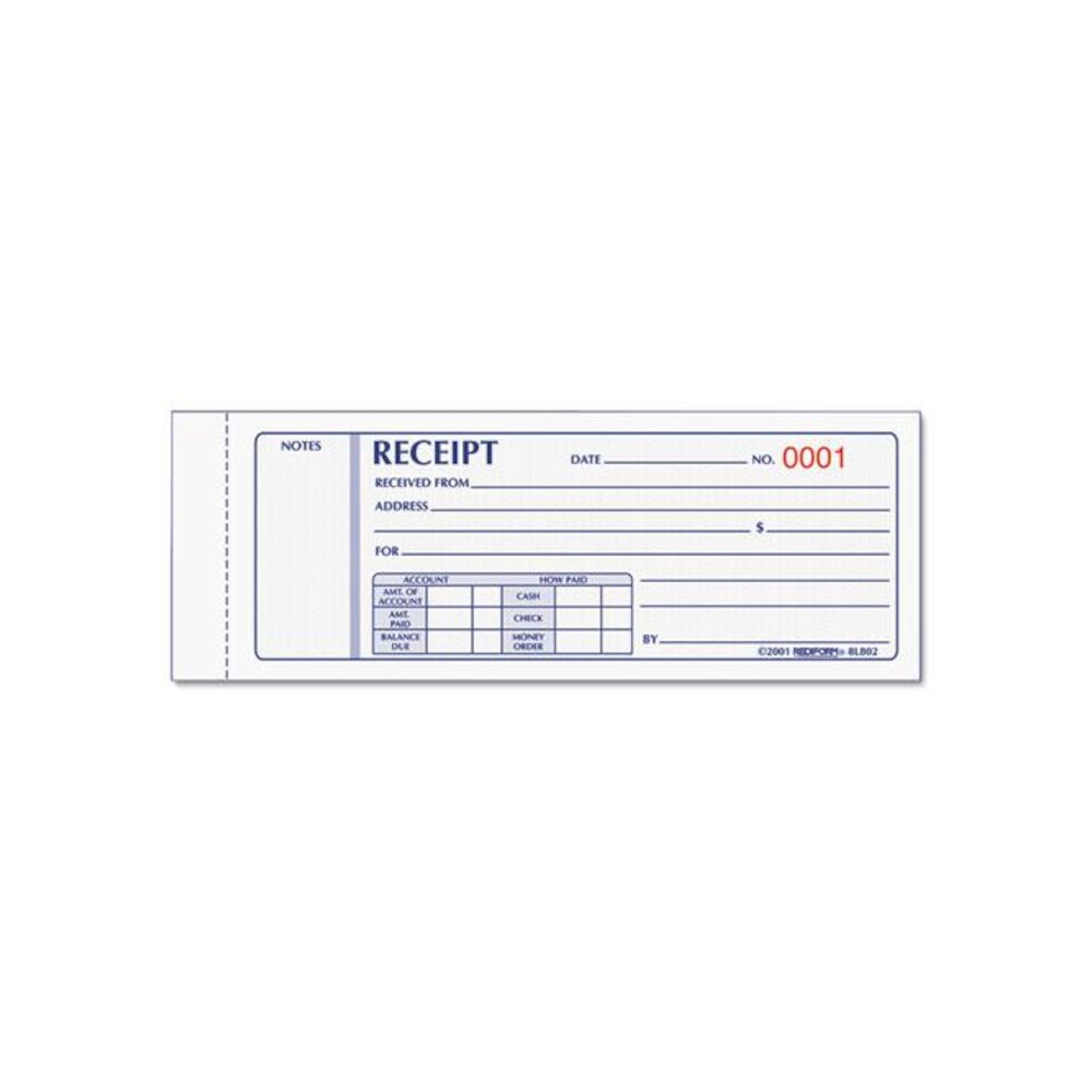 Receipt Book, Three-Part Carbonless, 7 x 2.75, 4 Forms/Sheet, 50 Forms Total. Picture 1