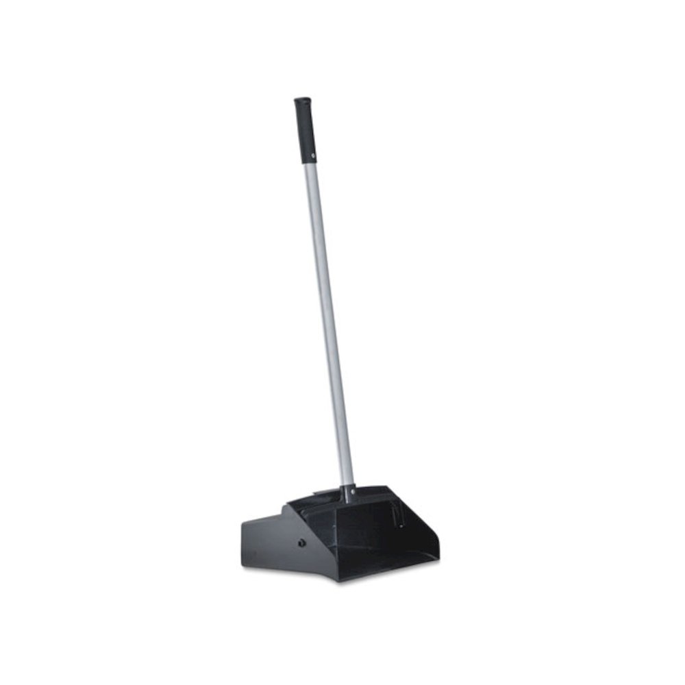 Lobby Dust Pan, Plastic/Aluminum, 11 3/4" Wide, 34" Handle, Black/Silver. Picture 1