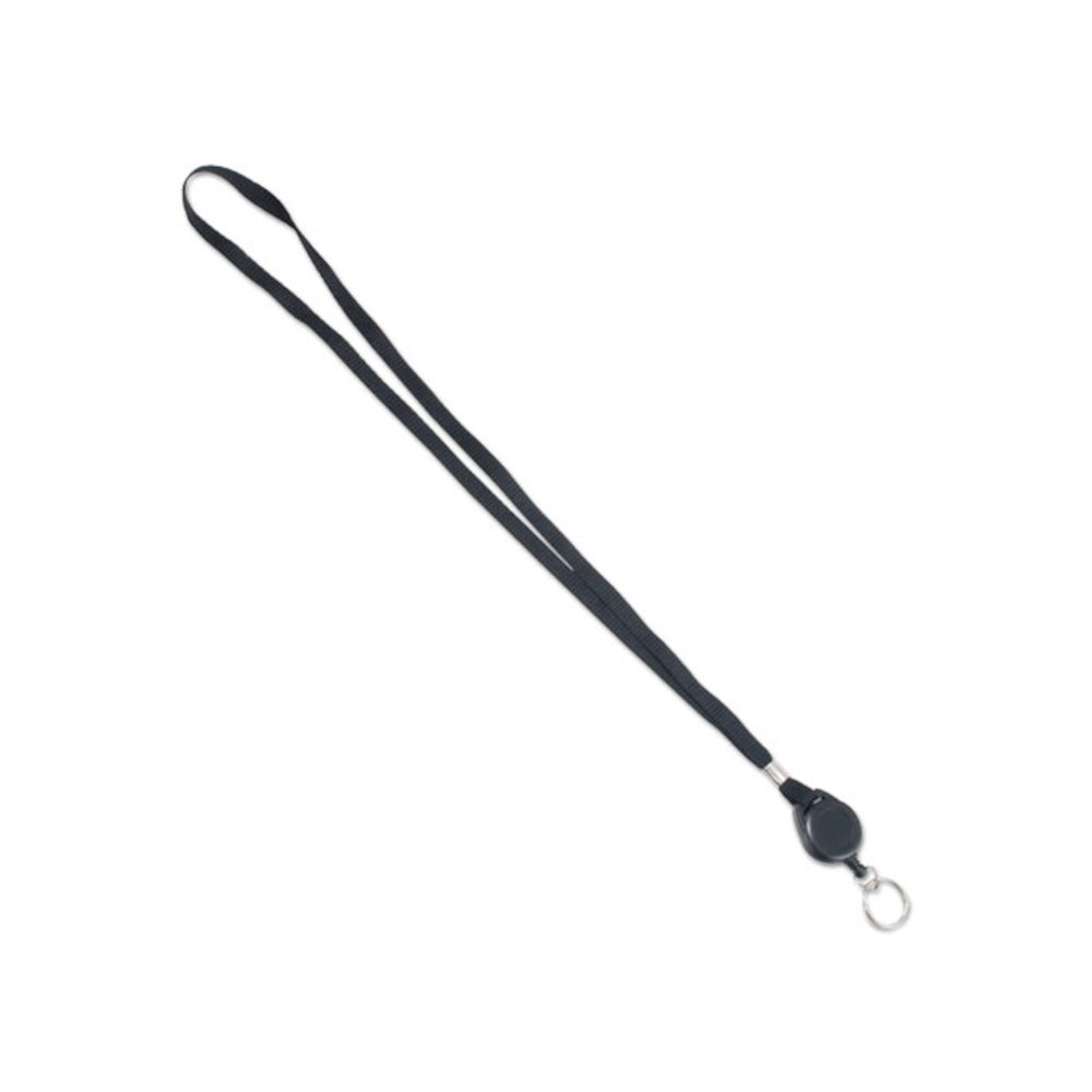 Lanyards with Retractable ID Reels, Metal Split Ring Fastener, 34" Long, Black, 12/Pack. Picture 1