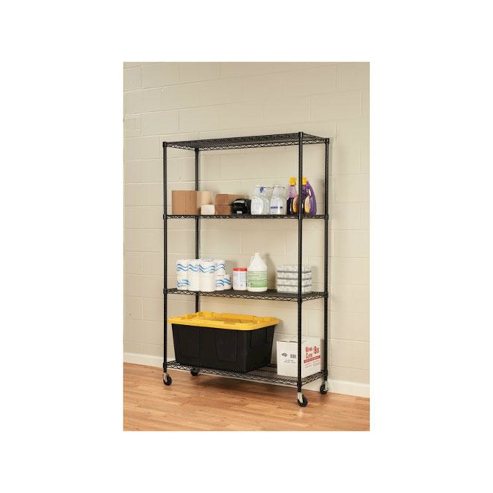 NSF Certified 4-Shelf Wire Shelving Kit with Casters, 48w x 18d x 72h, Black. Picture 4