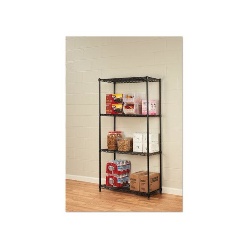 NSF Certified Industrial Four-Shelf Wire Shelving Kit, 36w x 18d x 72h, Black. Picture 10