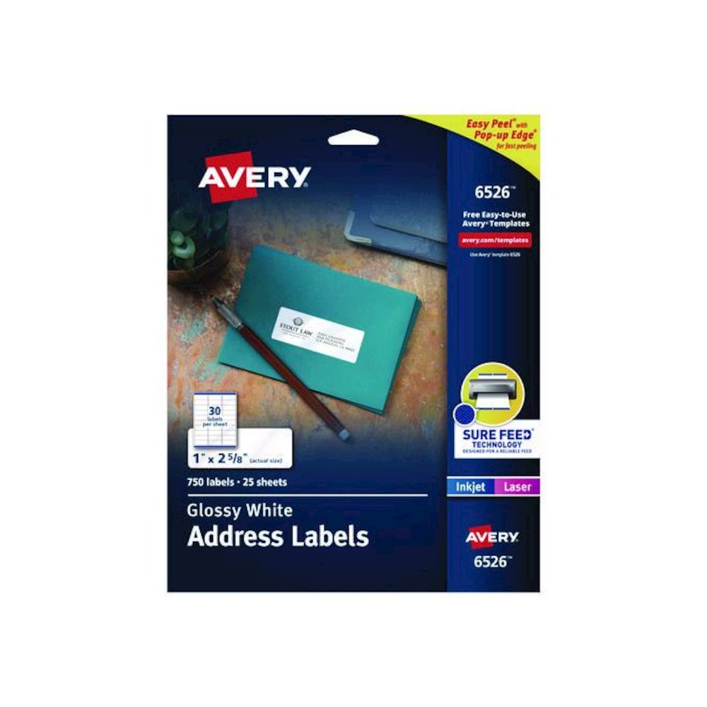 Glossy White Easy Peel Mailing Labels w/ Sure Feed Technology, Laser Printers, 1 x 2.63, White, 30/Sheet, 25 Sheets/Pack. Picture 1