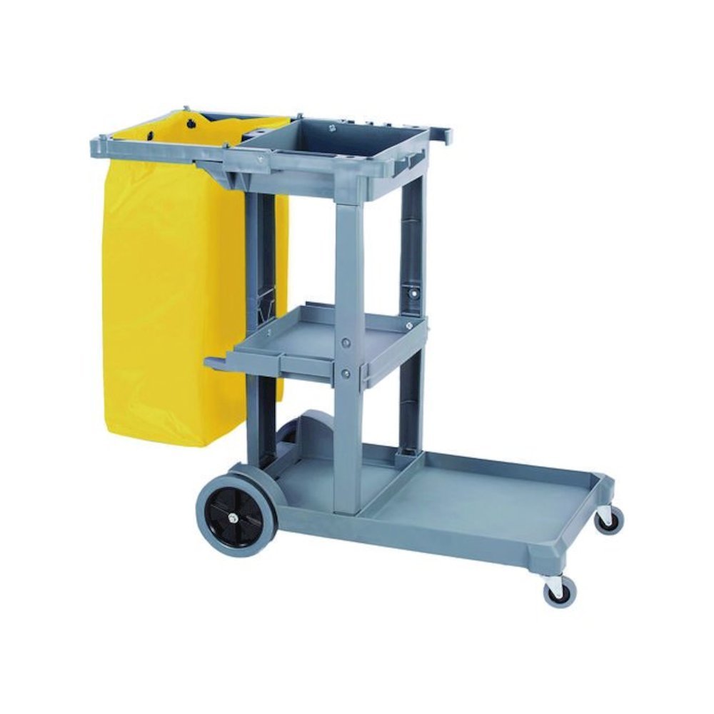 Janitor's Cart, Plastic, 4 Shelves, 1 Bin, 19" x 45" x 39", Gray. Picture 2