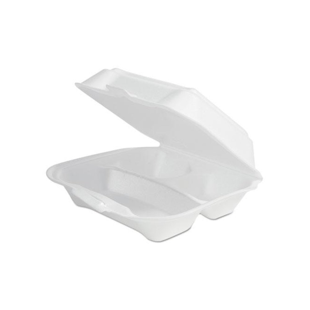 Double-Foam Food Containers, 8 x 8 x 3, White, 3-Compartment, 2/Carton. Picture 1