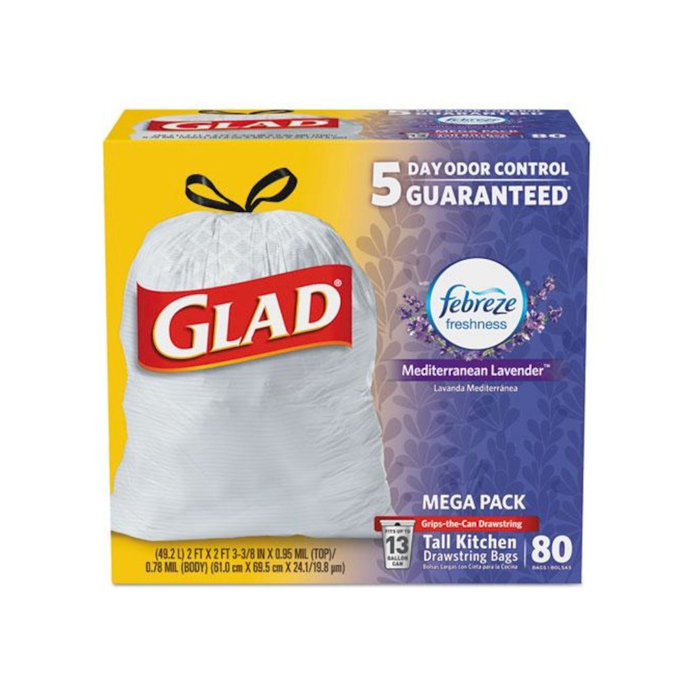 OdorShield Tall Kitchen Drawstring Bags, Lavender Breeze, 13 gal, White, 80/Box. Picture 1