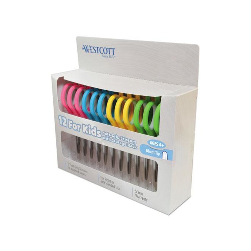 Soft Handle Kids Scissors, Rounded Tip, 5" Long, 1.75" Cut Length, Straight Assorted Color Handles, 12/Pack. Picture 1
