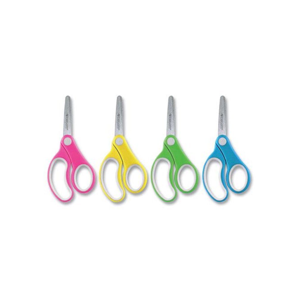 Soft Handle Kids Scissors, Rounded Tip, 5" Long, 1.75" Cut Length, Straight Assorted Color Handles, 12/Pack. Picture 2
