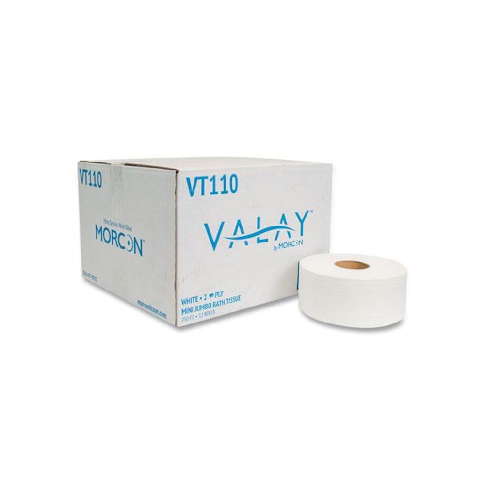 Valay Mini Jumbo Bath Tissue, Septic Safe, 2-Ply, 3.25" x 750 ft, White, 12 Rolls/Carton. Picture 1