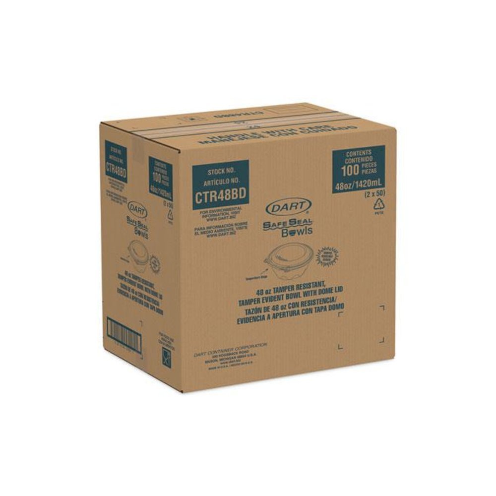 SafeSeal Tamper-Resistant, Tamper-Evident Bowls with Dome Lid, 48 oz, 8.9" Diameter x 3.4" h, Clear, Plastic, 100/Carton. Picture 2