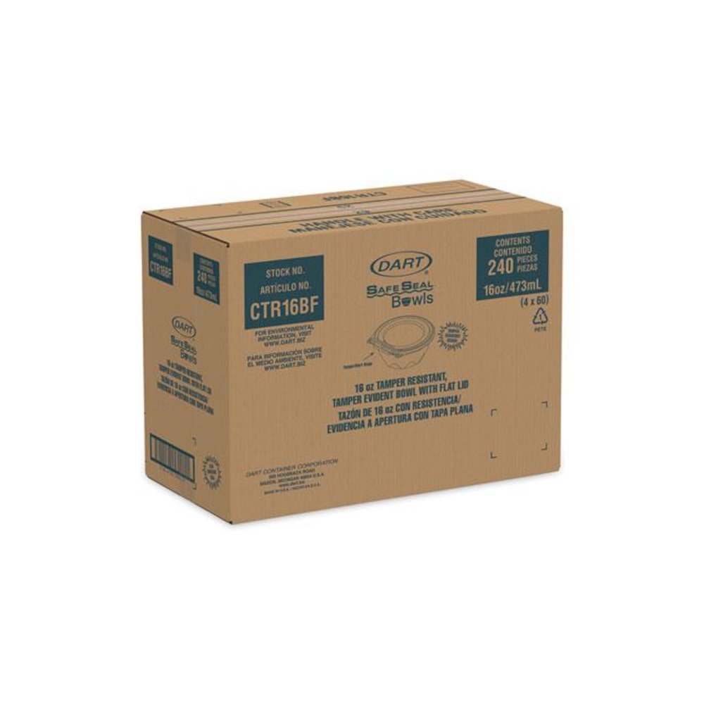 SafeSeal Tamper-Resistant, Tamper-Evident Bowls with Flat Lid, 16 oz, 5.5" Diameter x 2.7" h, Clear, Plastic, 240/Carton. Picture 2