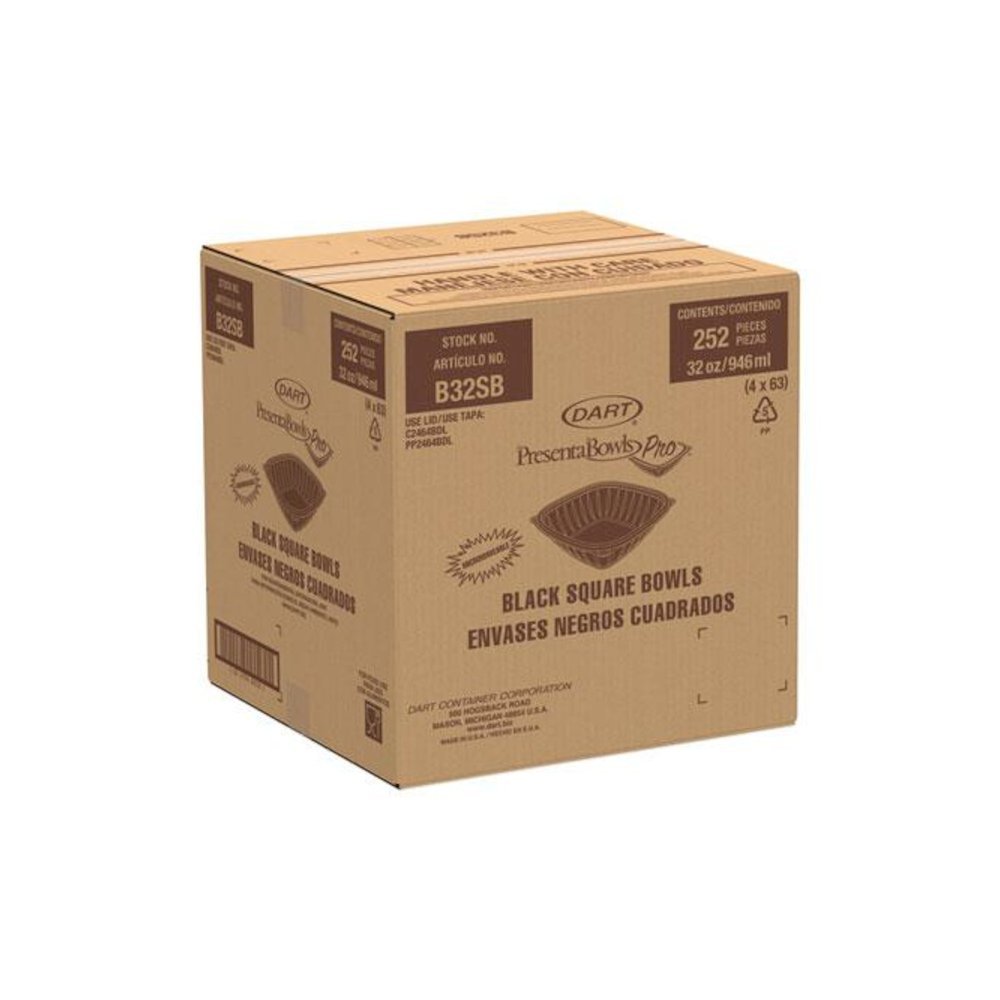 PresentaBowls Pro Black Square Bowls, 32 oz, 8.5 x 8.5 x 2, Plastic, 63/Bag, 4 Bags/Carton. Picture 2