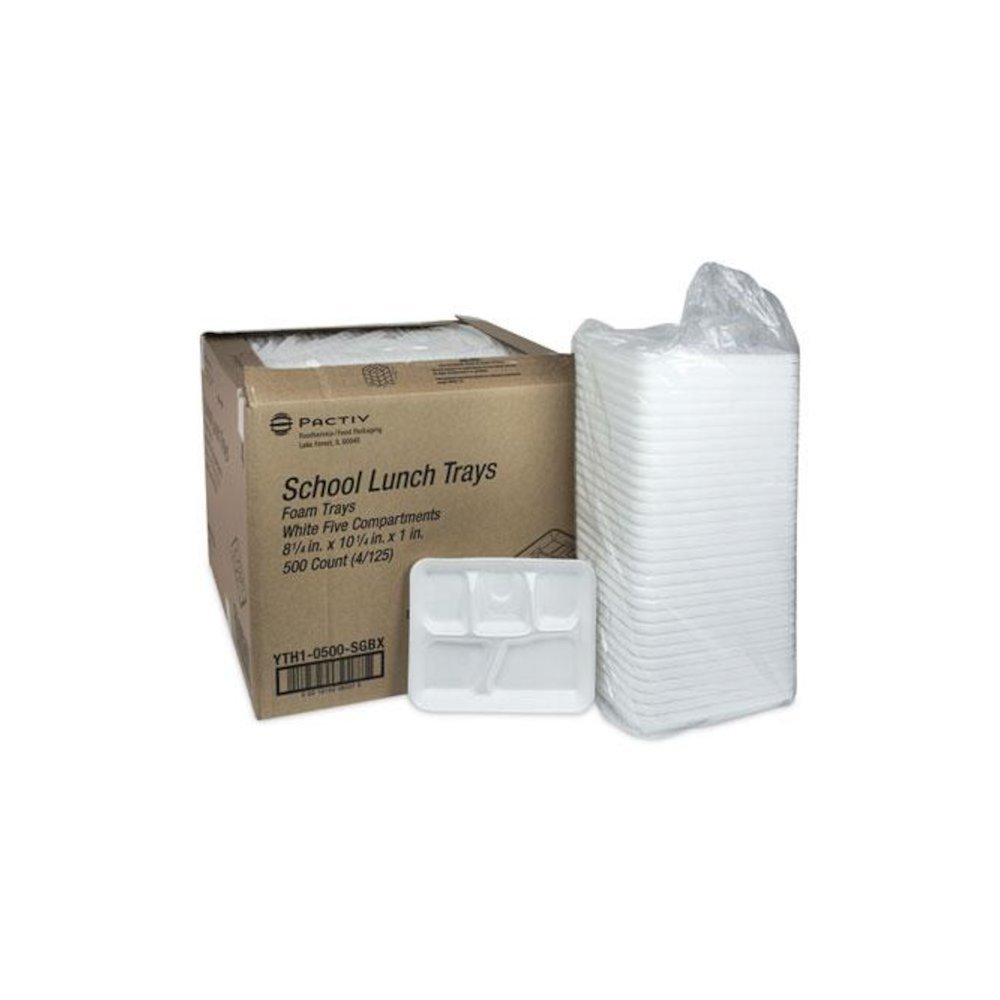 Foam School Trays, 5-Compartment Tray, 8.25 x 10.5 x 1, White, 500/Carton. Picture 4
