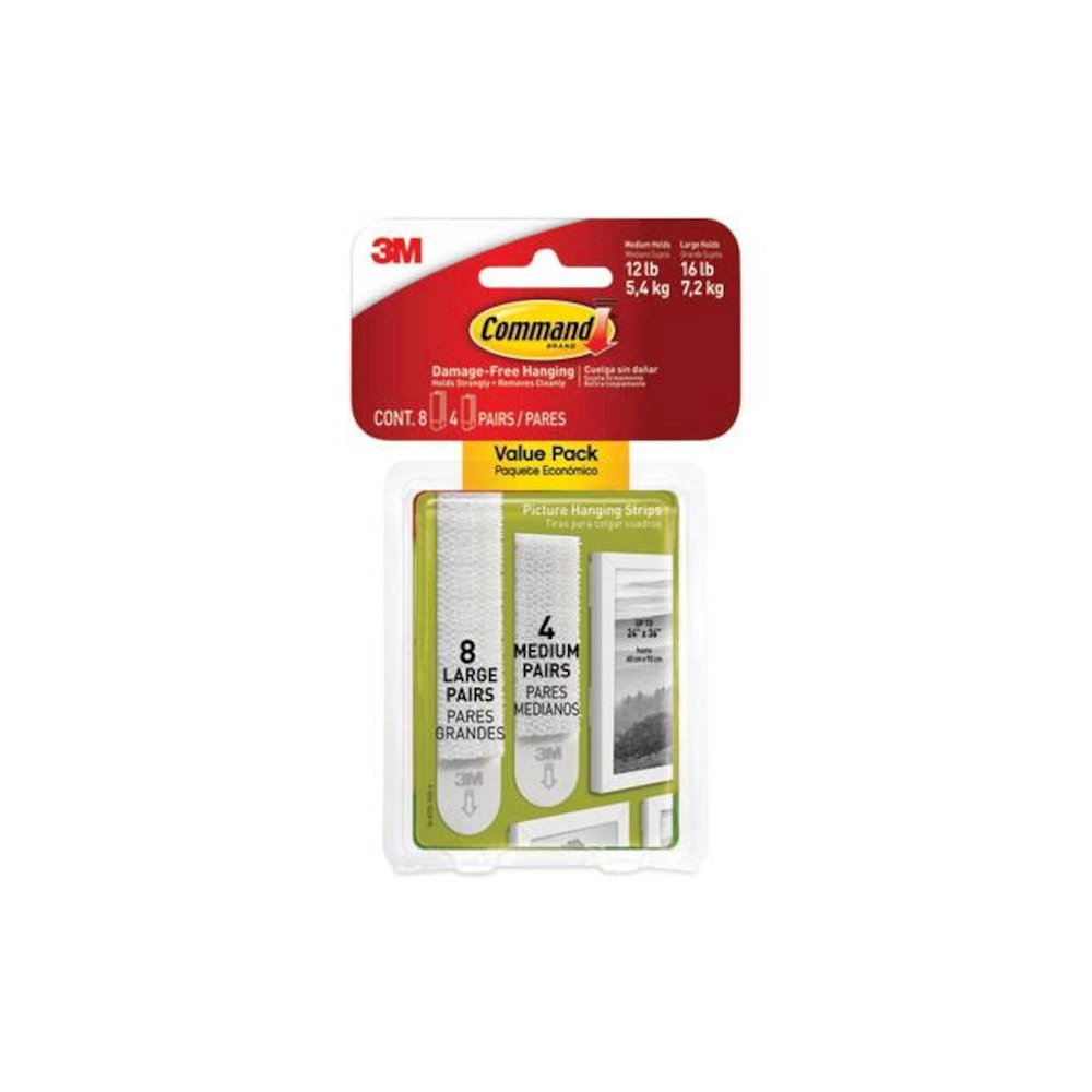 Damage-Free Hanging Picture Hanging Strip Pairs, (8) Large (0.63" x 3.63"), (4) Medium (0.5" x 2.75"), White, 12/Pack. Picture 2