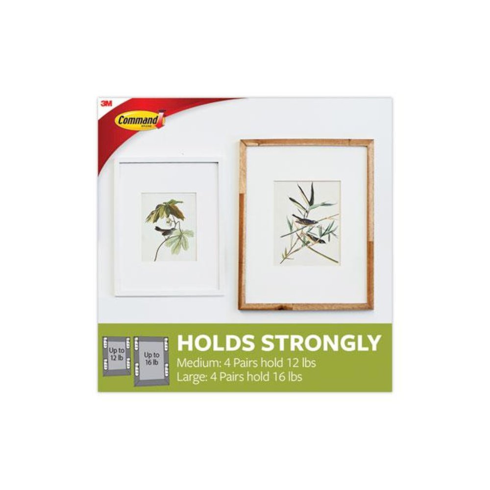 Damage-Free Hanging Picture Hanging Strip Pairs, (8) Large (0.63" x 3.63"), (4) Medium (0.5" x 2.75"), White, 12/Pack. Picture 5