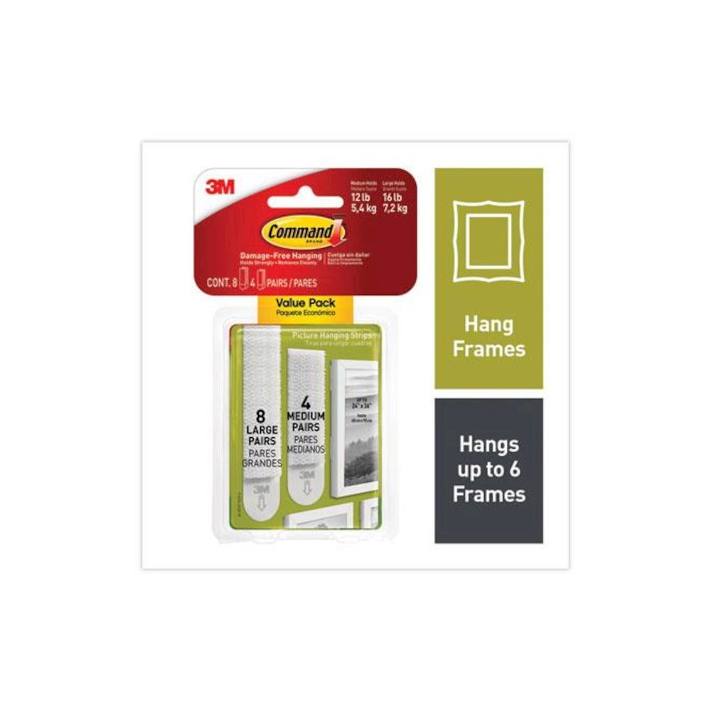 Damage-Free Hanging Picture Hanging Strip Pairs, (8) Large (0.63" x 3.63"), (4) Medium (0.5" x 2.75"), White, 12/Pack. Picture 1