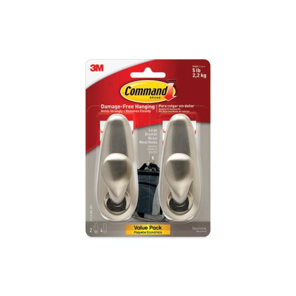 Adhesive Mount Metal Hook, Large, Brushed Nickel Finish, 5 lb Capacity, 2 Hooks and 4 Strips/Pack. Picture 2