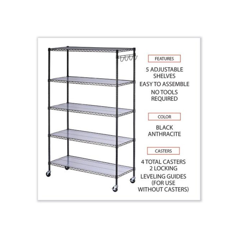 5-Shelf Wire Shelving Kit with Casters and Shelf Liners, 48w x 18d x 72h, Black Anthracite. Picture 3