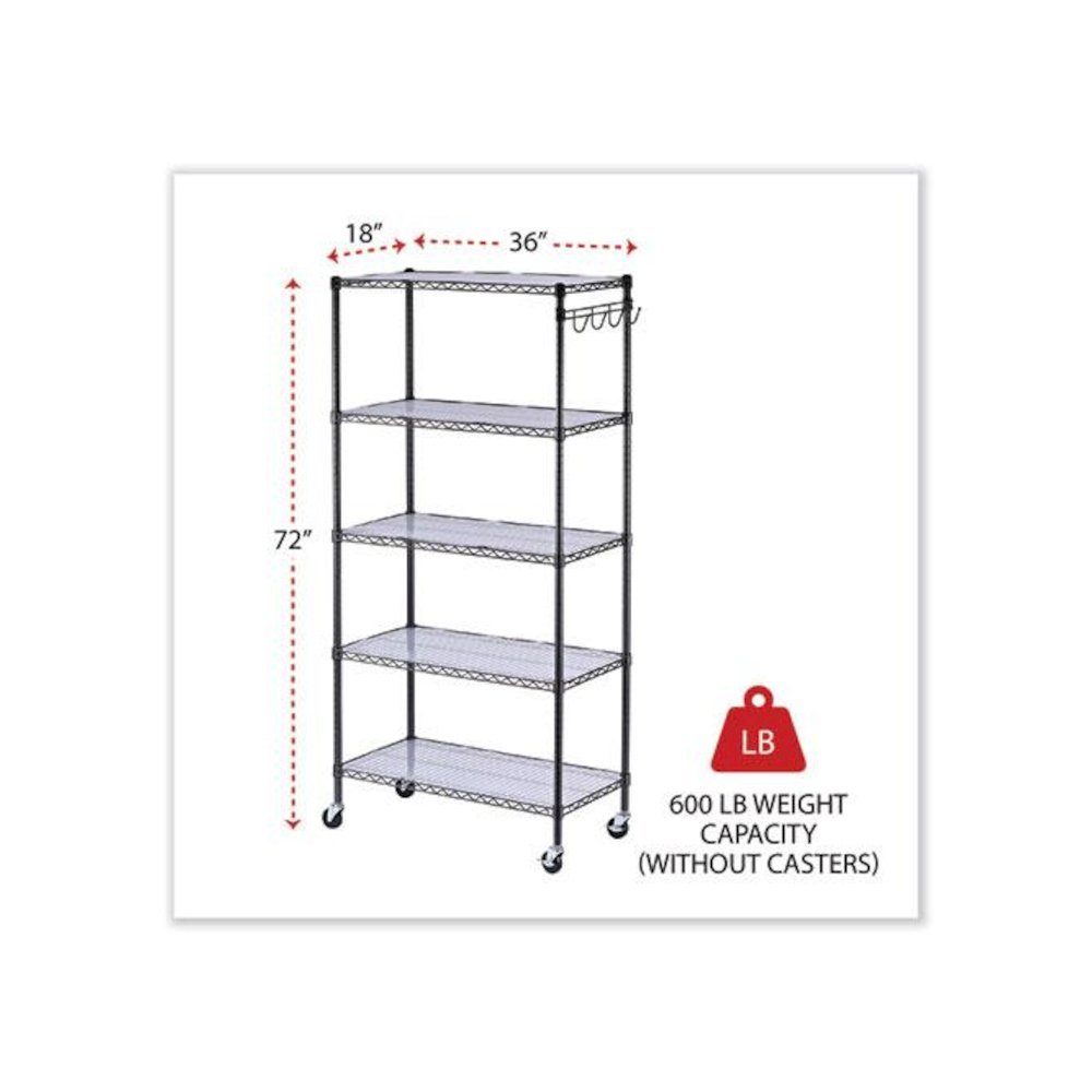 5-Shelf Wire Shelving Kit with Casters and Shelf Liners, 36w x 18d x 72h, Black Anthracite. Picture 2