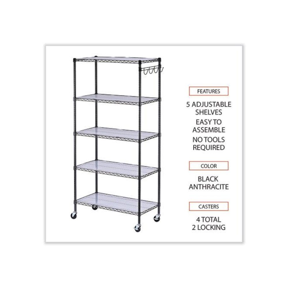 5-Shelf Wire Shelving Kit with Casters and Shelf Liners, 36w x 18d x 72h, Black Anthracite. Picture 3