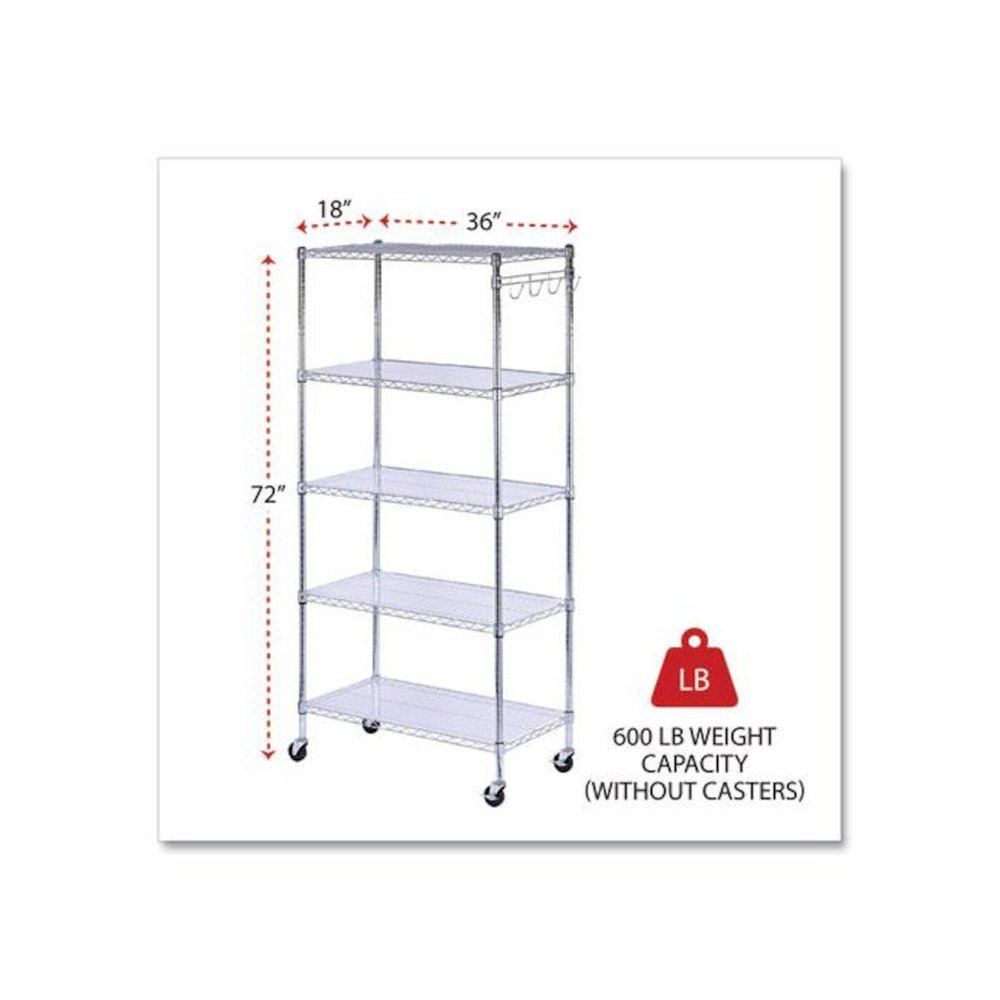 5-Shelf Wire Shelving Kit with Casters and Shelf Liners, 36w x 18d x 72h, Silver. Picture 2