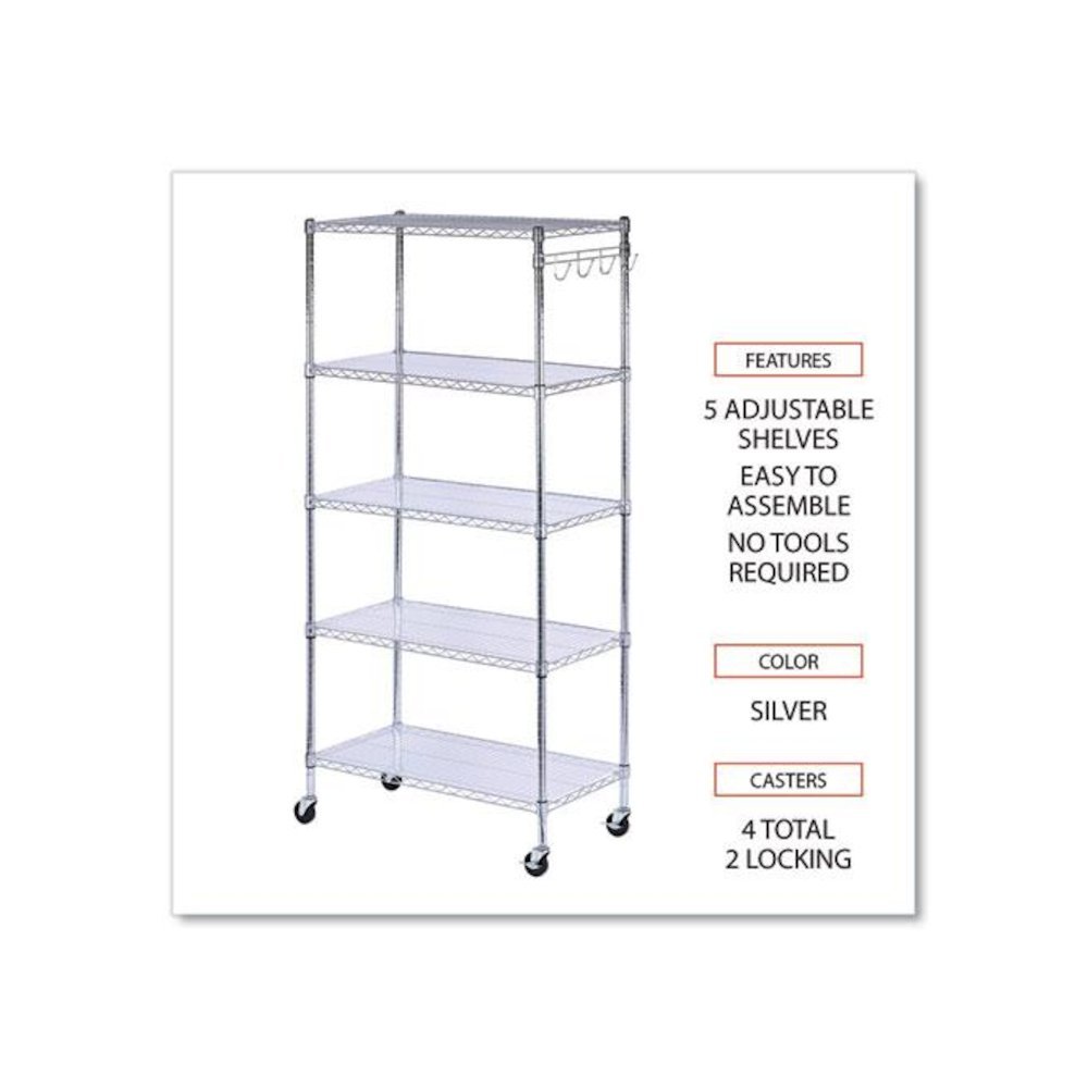 5-Shelf Wire Shelving Kit with Casters and Shelf Liners, 36w x 18d x 72h, Silver. Picture 3
