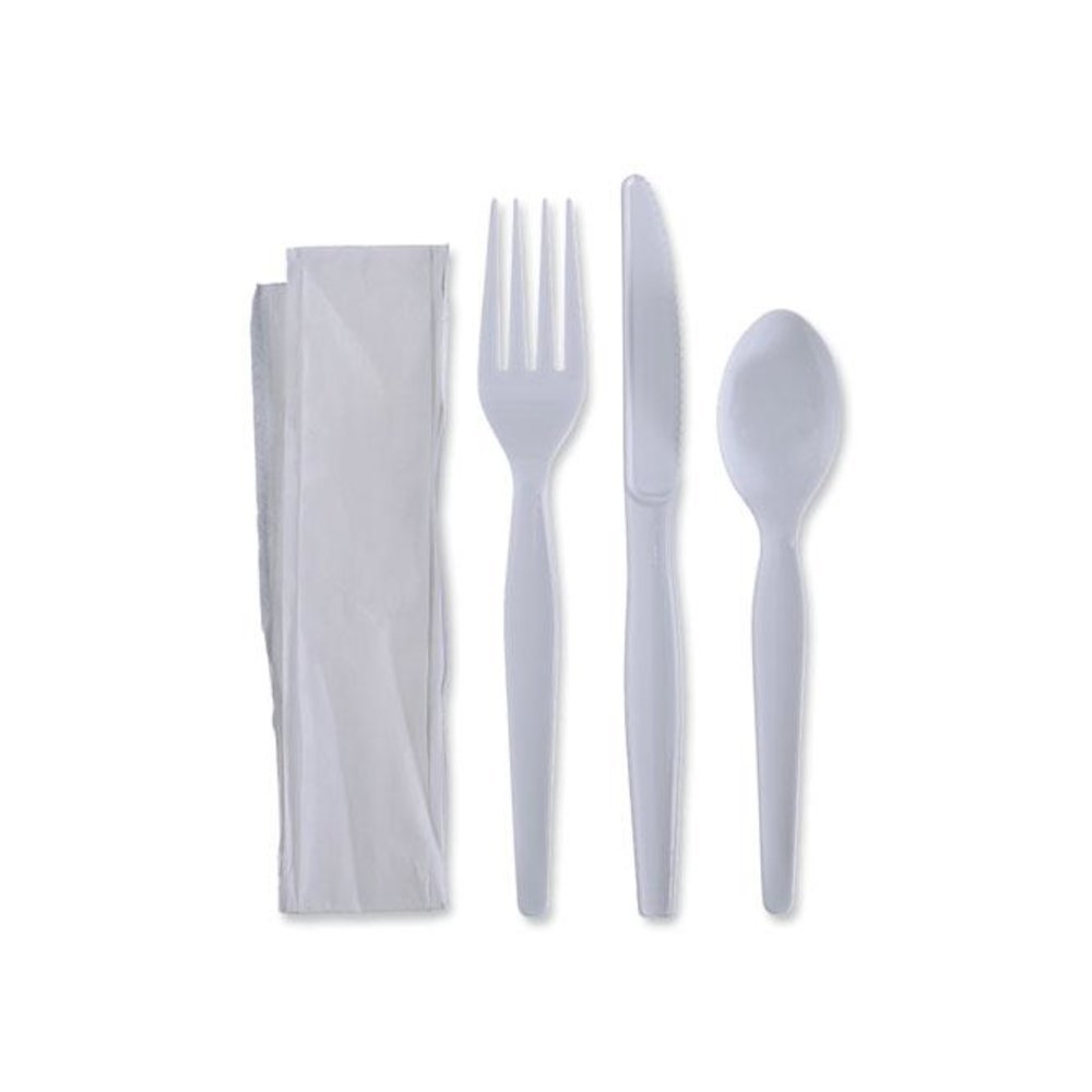 Four-Piece Cutlery Kit, Heavyweight, Fork/Knife/Napkin/Spoon, Plastic, White, 250/Carton. Picture 1