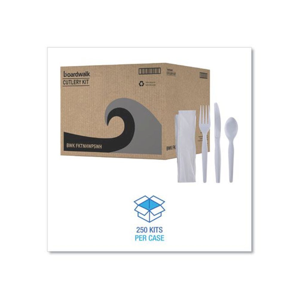 Four-Piece Cutlery Kit, Heavyweight, Fork/Knife/Napkin/Spoon, Plastic, White, 250/Carton. Picture 2