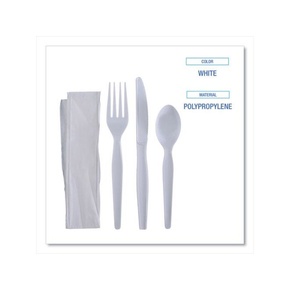 Four-Piece Cutlery Kit, Heavyweight, Fork/Knife/Napkin/Spoon, Plastic, White, 250/Carton. Picture 3