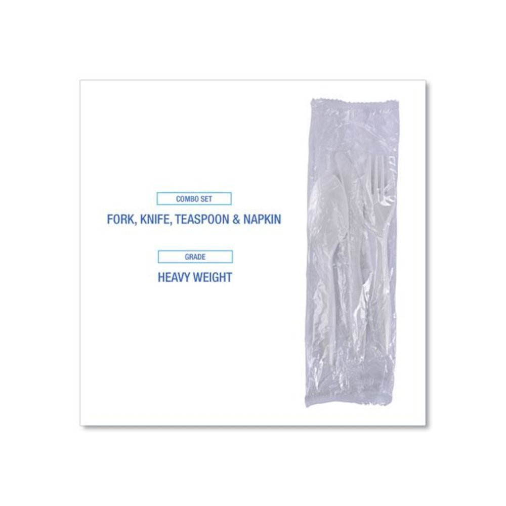 Four-Piece Cutlery Kit, Heavyweight, Fork/Knife/Napkin/Spoon, Plastic, White, 250/Carton. Picture 5