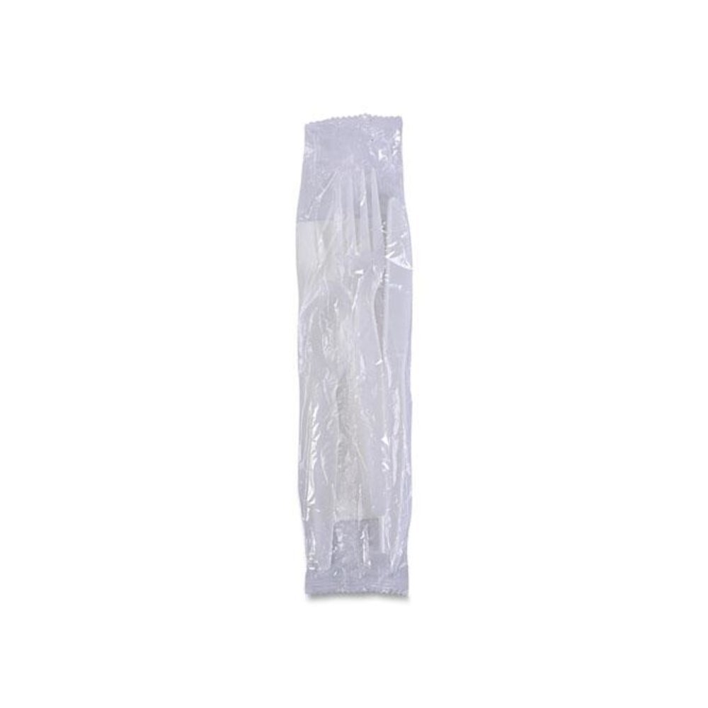 Four-Piece Cutlery Kit, Heavyweight, Fork/Knife/Napkin/Spoon, Plastic, White, 250/Carton. Picture 6