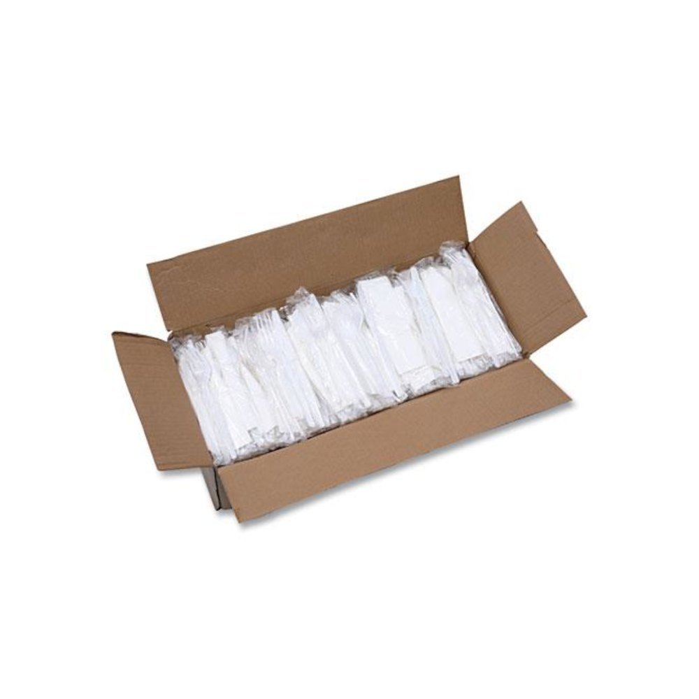 Four-Piece Cutlery Kit, Heavyweight, Fork/Knife/Napkin/Spoon, Plastic, White, 250/Carton. Picture 7