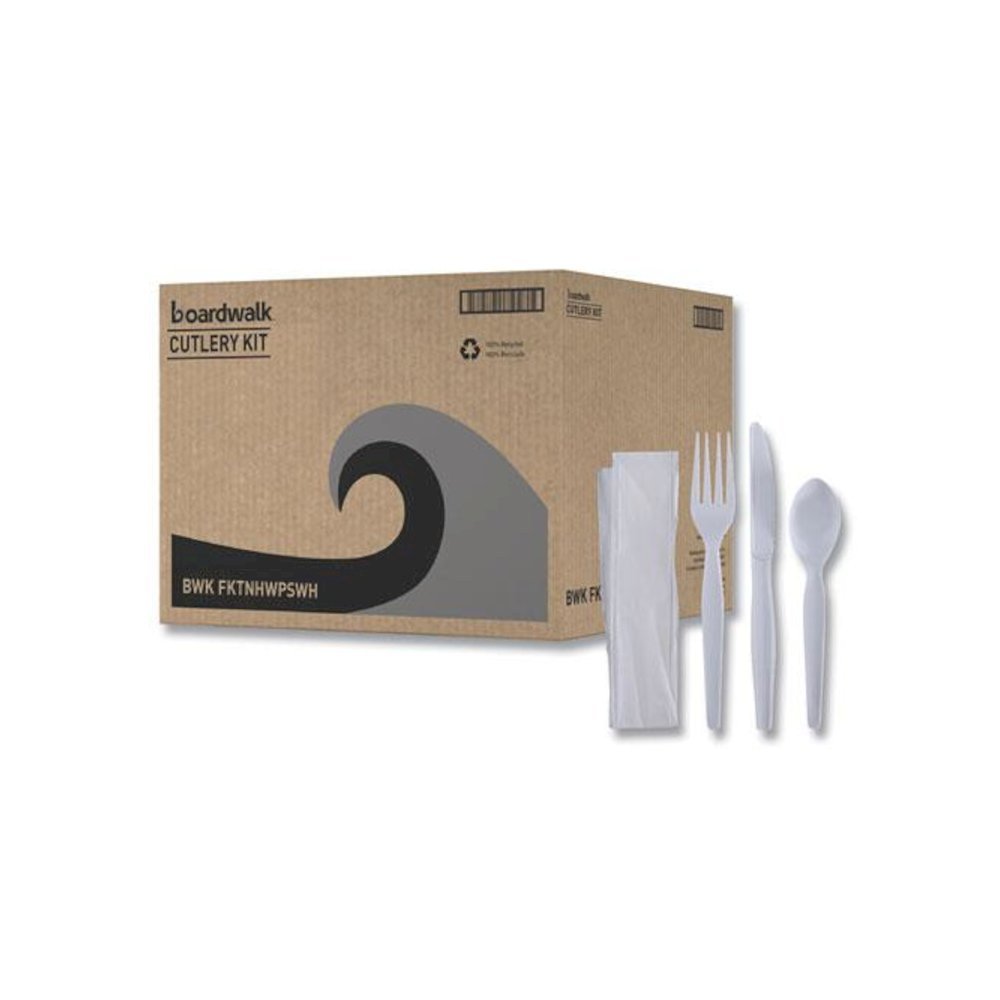 Four-Piece Cutlery Kit, Heavyweight, Fork/Knife/Napkin/Spoon, Plastic, White, 250/Carton. Picture 8