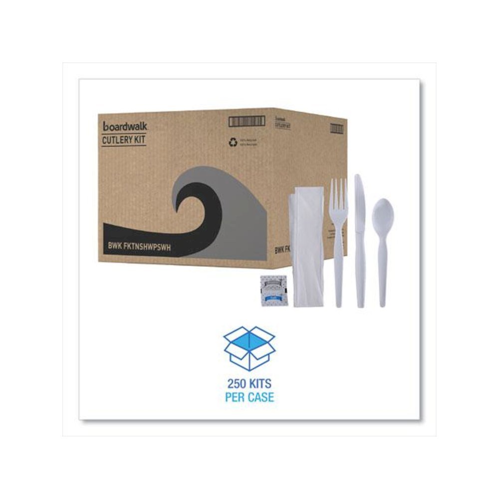 Six-Piece Cutlery Kit, Heavyweight, Fork/Knife/Napkin/Pepper/Salt/Spoon, Plastic, White, 250/Carton. Picture 2