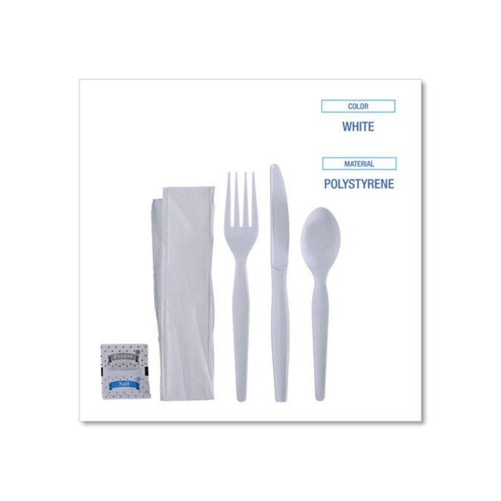 Six-Piece Cutlery Kit, Heavyweight, Fork/Knife/Napkin/Pepper/Salt/Spoon, Plastic, White, 250/Carton. Picture 3