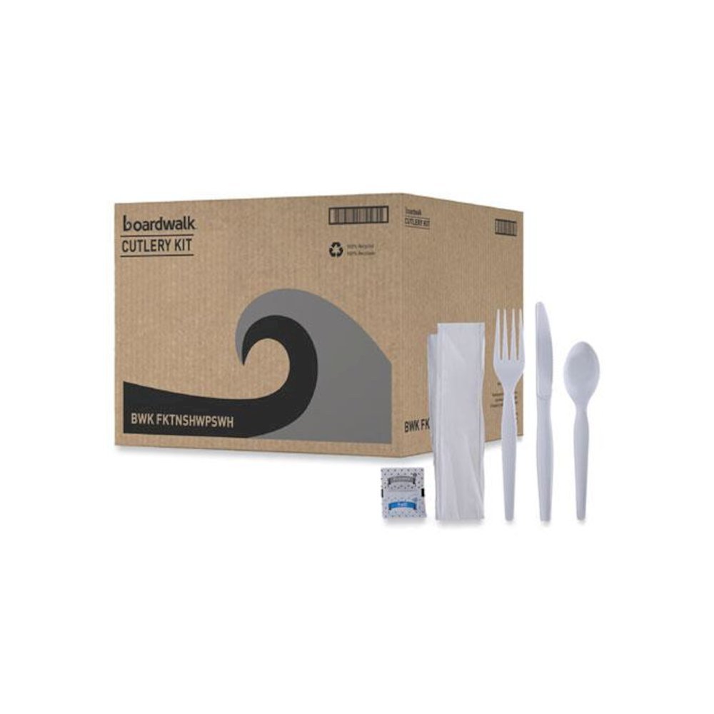Six-Piece Cutlery Kit, Heavyweight, Fork/Knife/Napkin/Pepper/Salt/Spoon, Plastic, White, 250/Carton. Picture 8