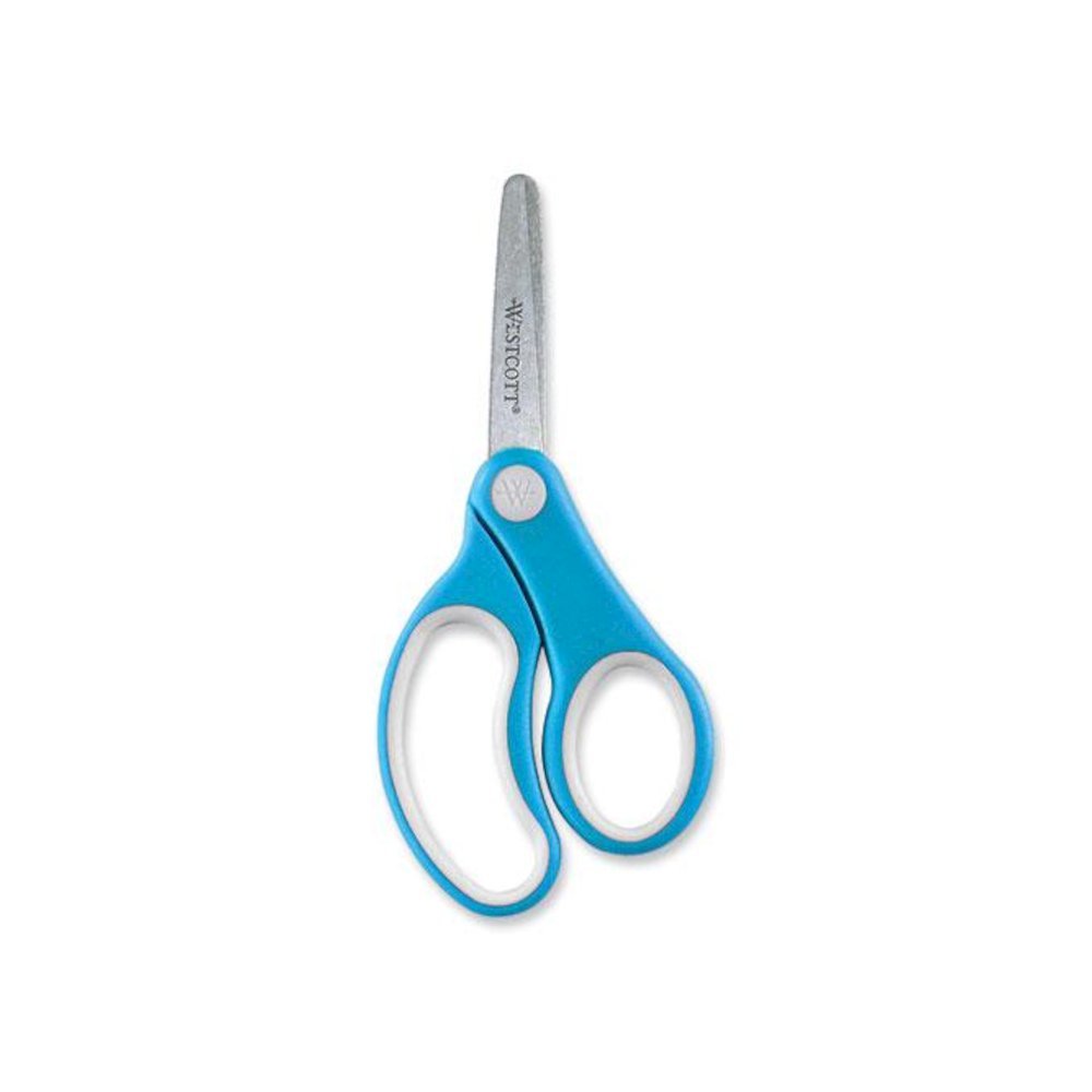 Soft Handle Kids Scissors, Rounded Tip, 5" Long, 1.75" Cut Length, Straight Assorted Color Handles, 12/Pack. Picture 6
